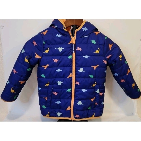 Cat & Jack Kids Coat 4T Reversable Hooded Dinosaurs Orange Blue - Picture 1 of 9